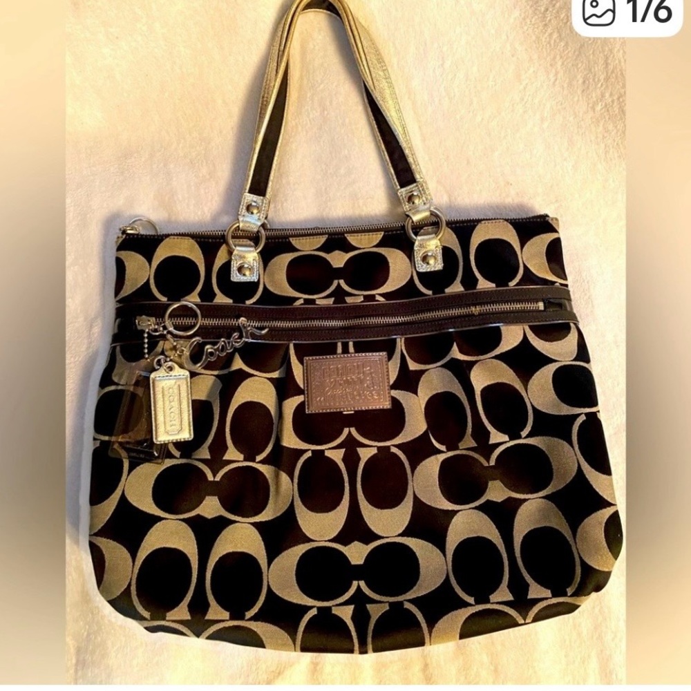 Coach Black and Khaki Signature Jacquard Tote with Gold Accents